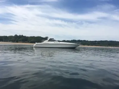 1993 Sea Ray 63 Super Sun Sport “Precious Cargo”: distant view of white express cruiser at anchor off a sandy beach