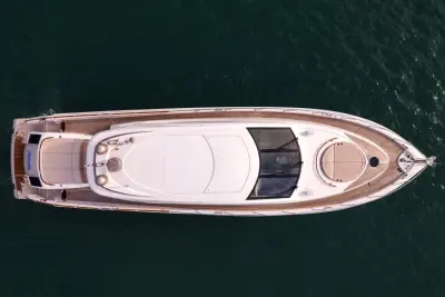 2007 Lazzara Yachts 75 LSX “Salacia”: top-down aerial profile showing teak side decks, hardtop with sunroof and round bow sunpad